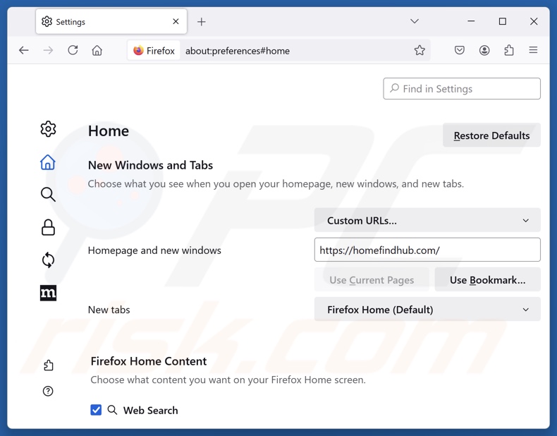 Entfernen von homefindhub.com aus der Startseite von Mozilla Firefox