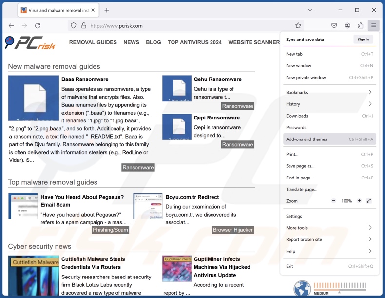 Entfernung betrügerischer Erweiterungen aus Mozilla Firefox Schritt 1