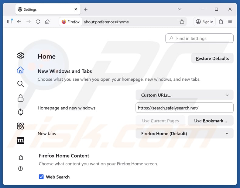 Entfernen von search.safelysearch.net aus der Startseite von Mozilla Firefox