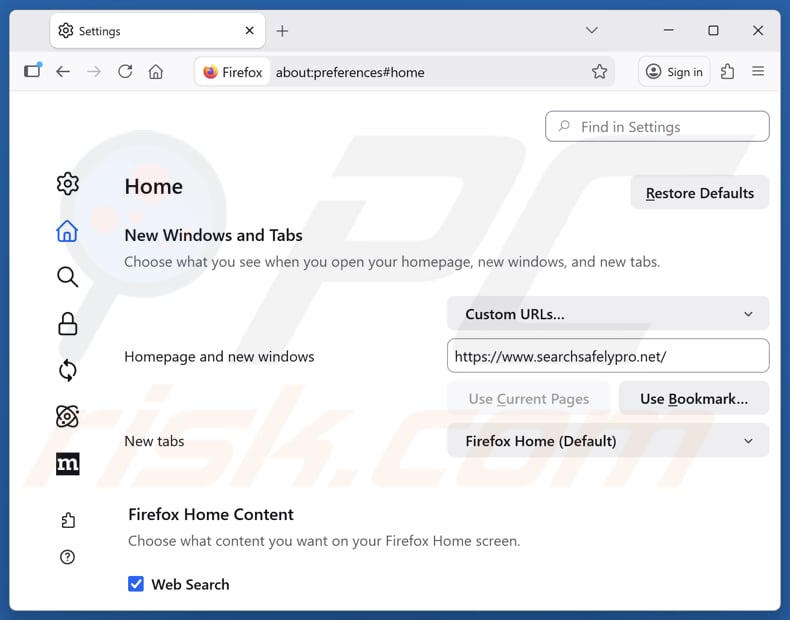 Entfernen von searchsafelypro.net aus der Startseite von Mozilla Firefox