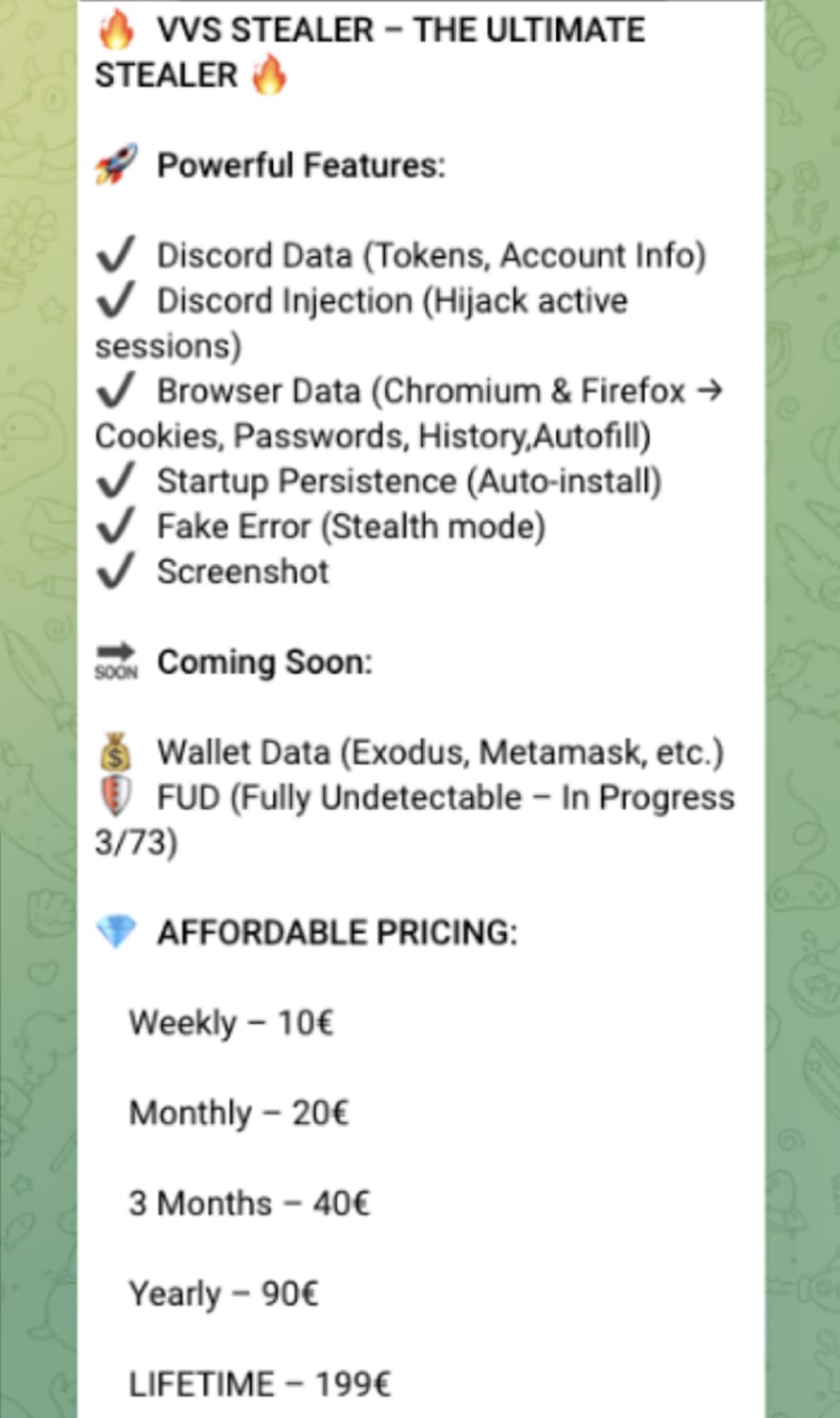 VVS Stealer auf Telegram beworben