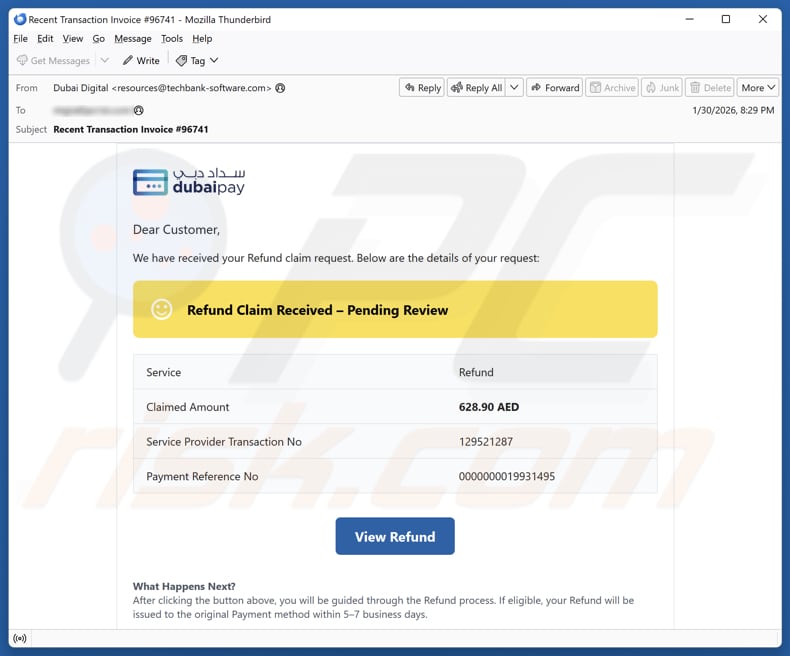 Dubai Pay - Refund Claim E-Mail Spam Kampagne