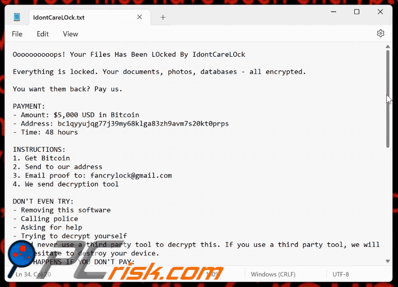 IdontCareLOck Ransomware Lösegeldforderung (IdontCareLOck.txt)