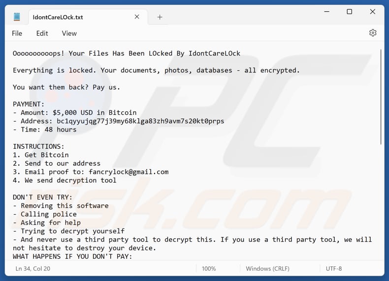 IdontCareLOck Ransomware Textdatei (IdontCareLOck.txt)