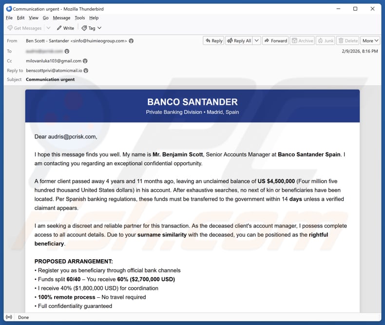 Santander Bank - Unclaimed Balance E-Mail Spam Kampagne