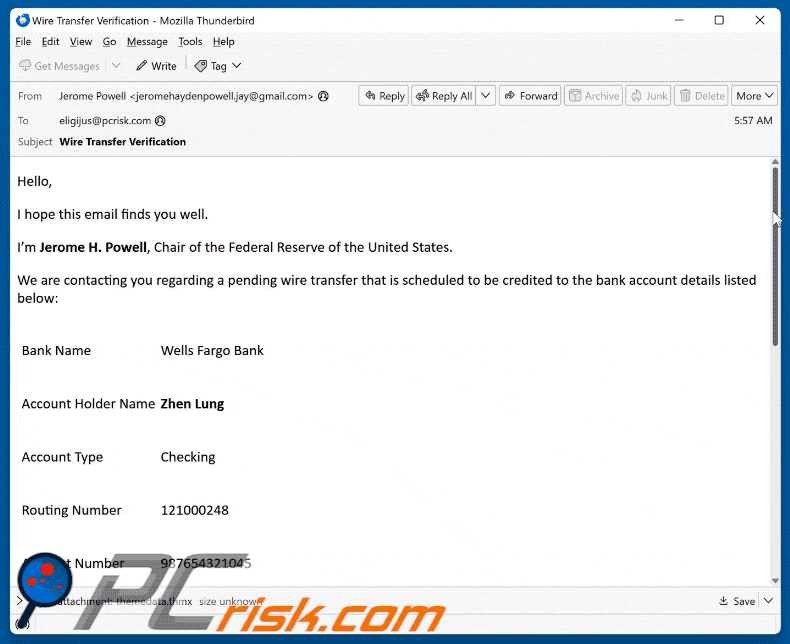 Wells Fargo - Pending Wire Transfer Email Betrug Aussehen