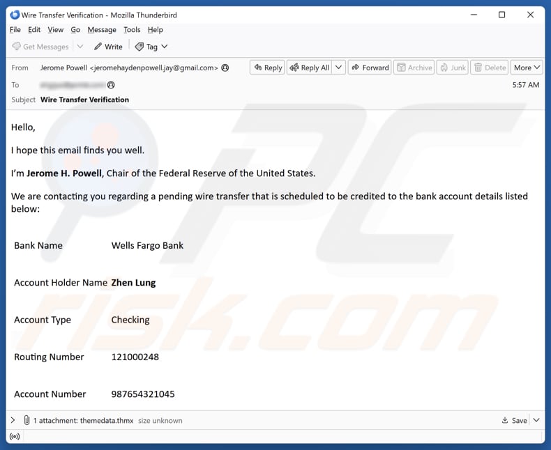 Wells Fargo - Pending Wire Transfer E-Mail Spam Kampagne