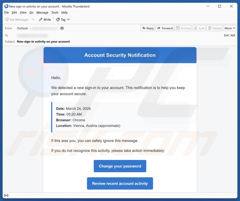 Account Security Notification email spam Kampagne