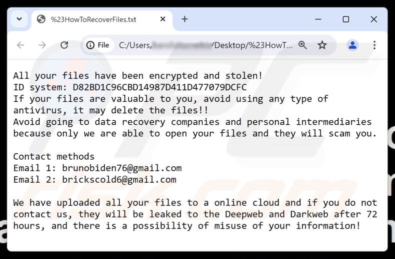 Bricks ransomware Textdatei (HowToRecoverFiles.txt)