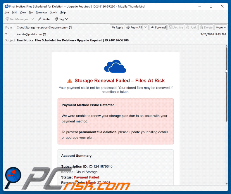 Cloud Storage Renewal Failed E-Mail-Betrug Erscheinungsbild