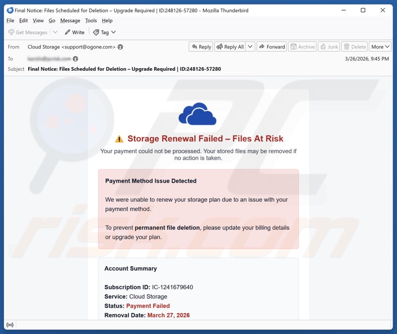 Cloud Storage Renewal Failed E-Mail Betrug Kampagne