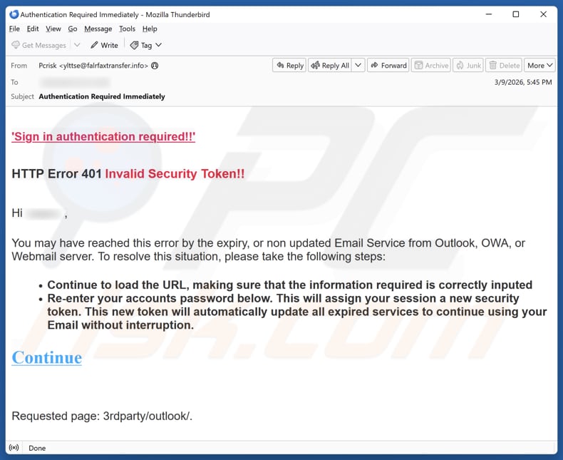 HTTP Error 401 Invalid Security Token email spam Kampagne