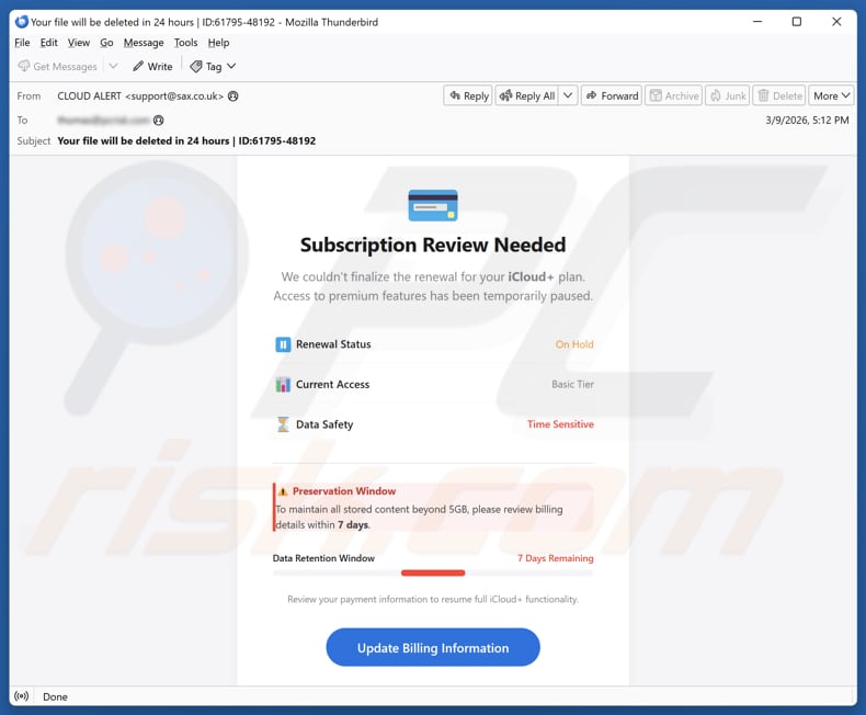 iCloud Subscription Review Needed email spam Kampagne
