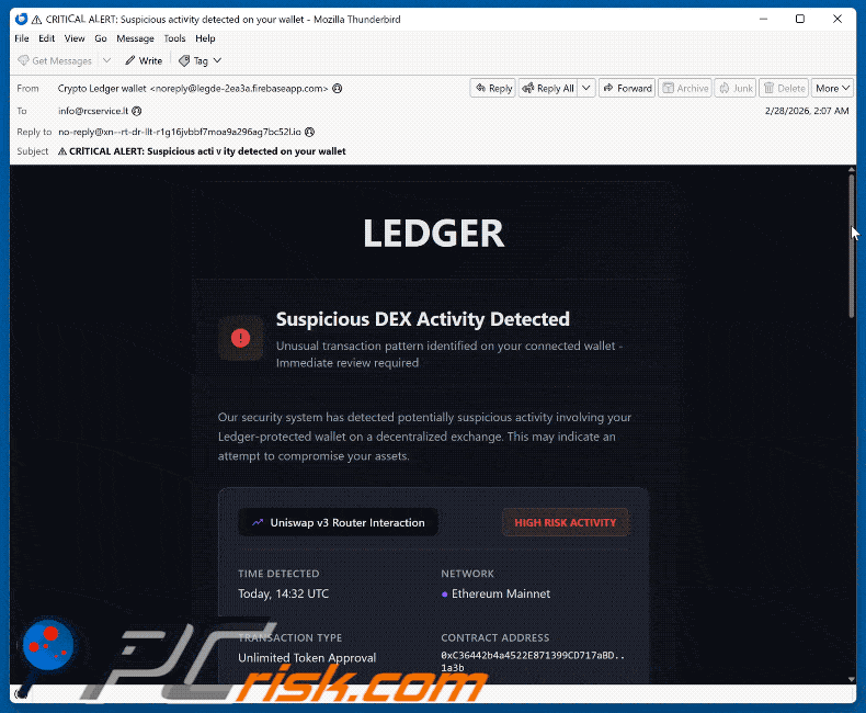 Ledger - Suspicious DEX Activity Detected Email Betrug Aussehen