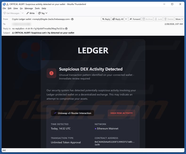 Ledger - Suspicious DEX Activity Detected E-Mail Spam Kampagne