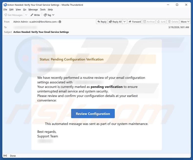 Pending Configuration Verification email spam Kampagne