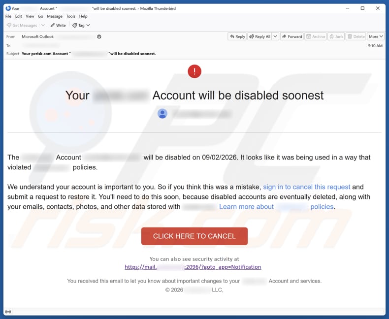 Your Account Will Be Disabled E-Mail Spam Kampagne