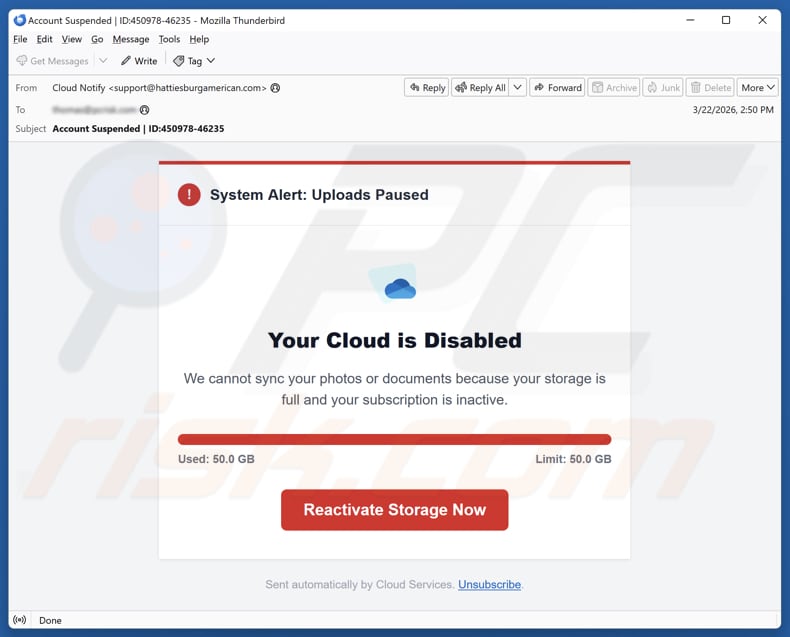 Your Cloud Is Disabled E-Mail Spam Kampagne
