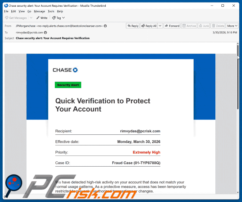 Chase - Verification To Protect Your Account E-Mail-Betrug Erscheinungsbild