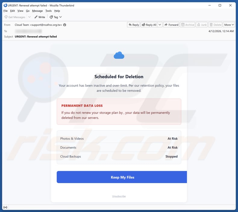 Cloud Account Scheduled For Deletion E-Mail-Betrug-Kampagne