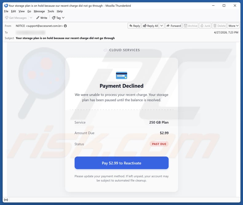 Cloud Services - Payment Declined E-Mail-Betrug-Kampagne