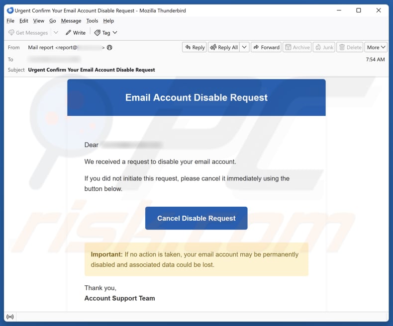Email Account Disable Request E-Mail-Betrug-Kampagne