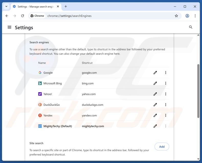 Entfernung von mightytechy.com aus der Google Chrome Standardsuchmaschine