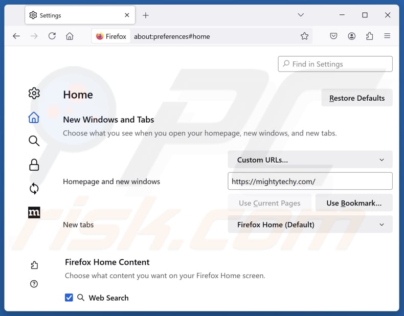 Entfernung von mightytechy.com aus der Mozilla Firefox Startseite