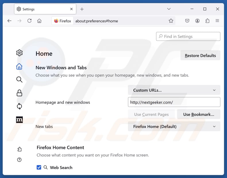 Entfernung von nextgeeker.com aus der Mozilla Firefox Startseite