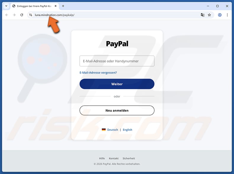 PayPal - Access From A New Device E-Mail-Betrug gefälschte Seite