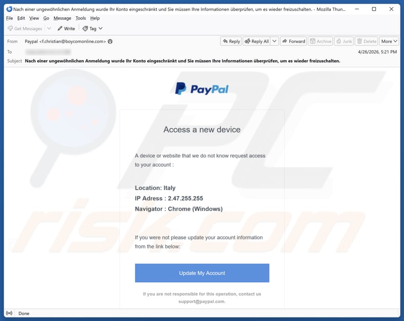 PayPal - Access From A New Device E-Mail-Betrug-Kampagne