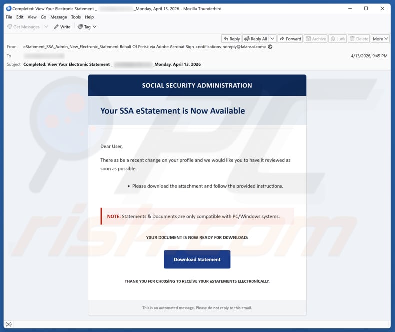 Social Security Administration (SSA) eStatement E-Mail-Spam-Kampagne