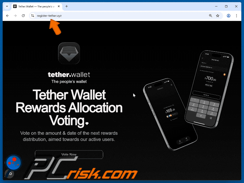 Erscheinungsbild des Tether Wallet Voting Rewards Betrugs