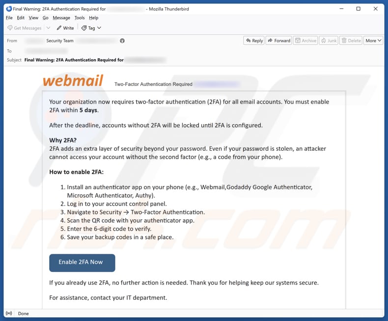 Webmail - Two-Factor Authentication (2FA) E-Mail-Spam-Kampagne