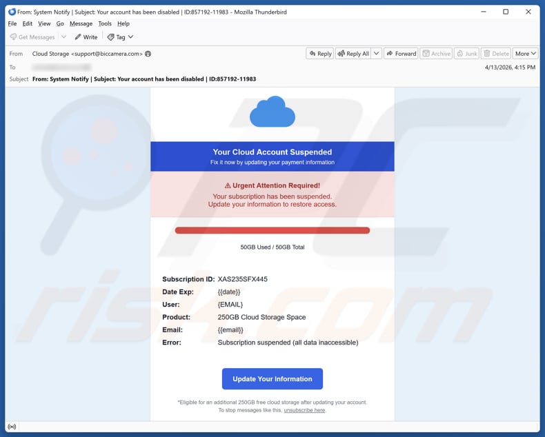 Your Cloud Account Suspended E-Mail-Betrug-Kampagne