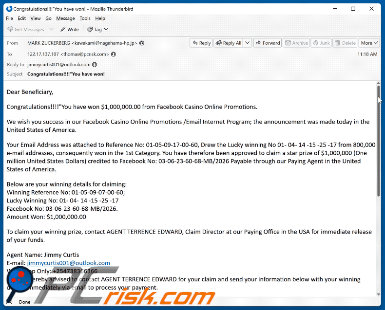 Facebook Casino Online Promotions Betrugs-E-Mail (GIF)