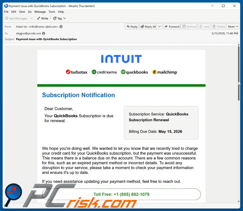 Intuit QuickBooks Subscription Is Due For Renewal Betrugs-E-Mail (GIF)