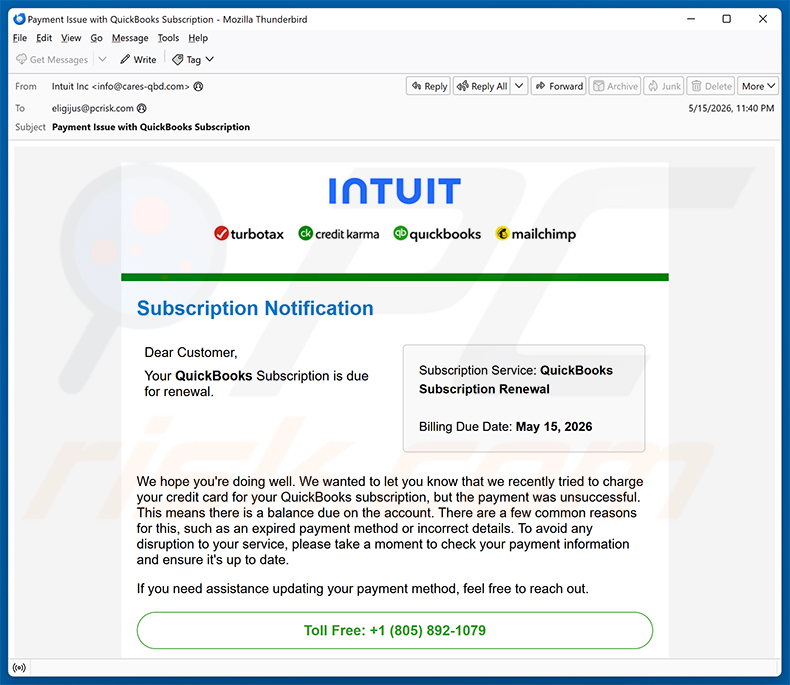 Intuit QuickBooks Subscription Is Due For Renewal E-Mail-Spam-Kampagne