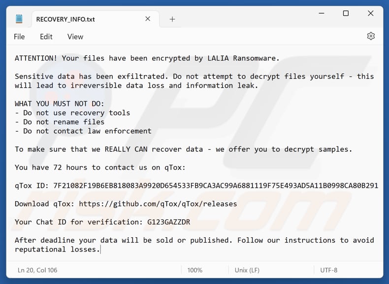Lalia Ransomware Textdatei (RECOVERY_INFO.txt)