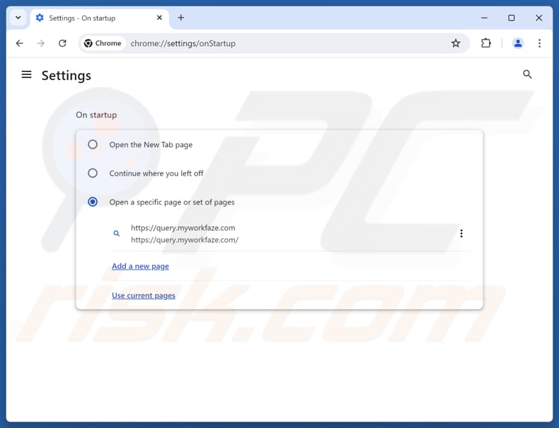 Entfernung von myworkfaze.com aus der Google Chrome Startseite