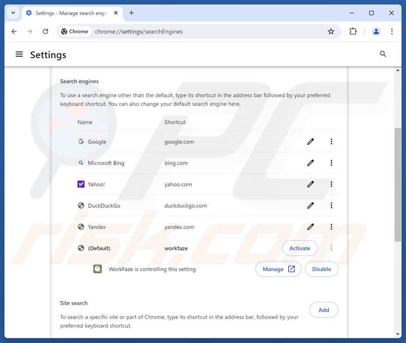 Entfernung von myworkfaze.com aus der Google Chrome Standardsuchmaschine