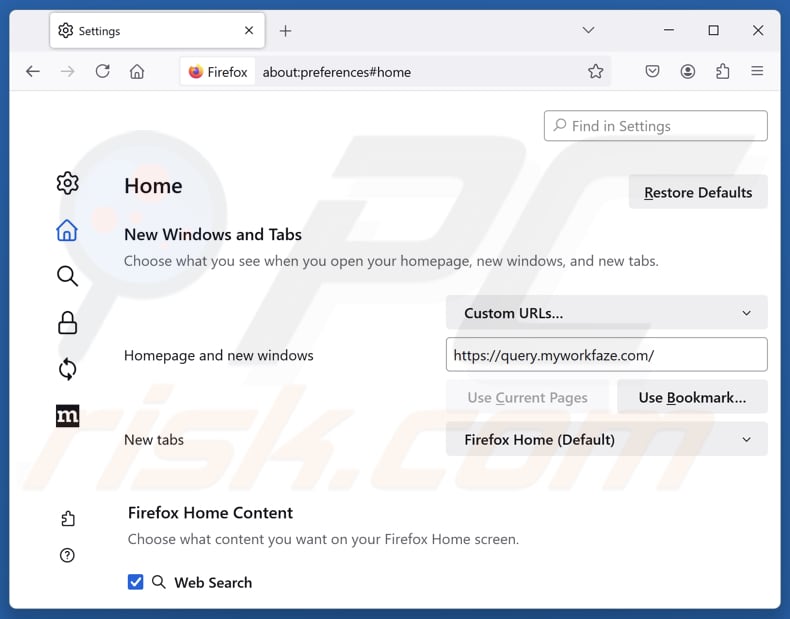 Entfernung von myworkfaze.com aus der Mozilla Firefox Startseite