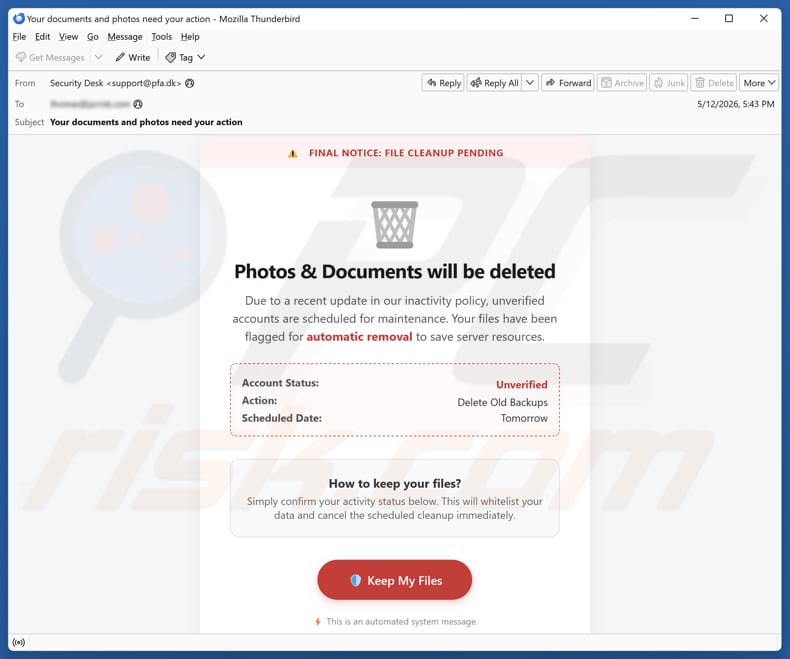 Photos & Documents Will Be Deleted E-Mail-Betrug-Kampagne
