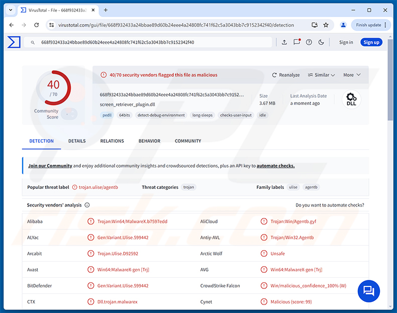 TCLBanker Malware-Erkennungen auf VirusTotal