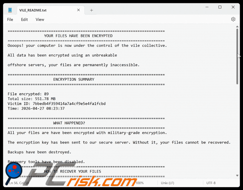 Vile Ransomware Textdatei (VILE_README.txt)