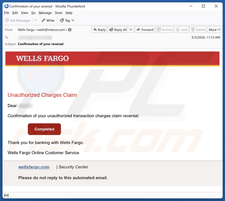 Wells Fargo - Unauthorized Charges E-Mail-Betrug-Kampagne