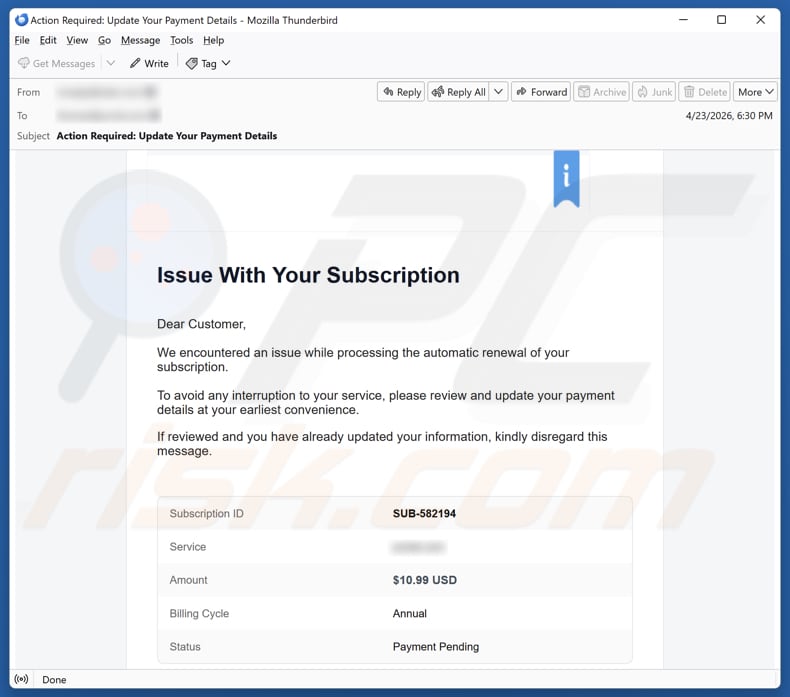 Wix Subscription Renewal E-Mail-Spam-Kampagne