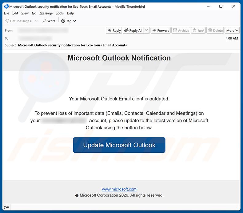 Your Microsoft Outlook Email Client Is Outdated E-Mail-Spam-Kampagne