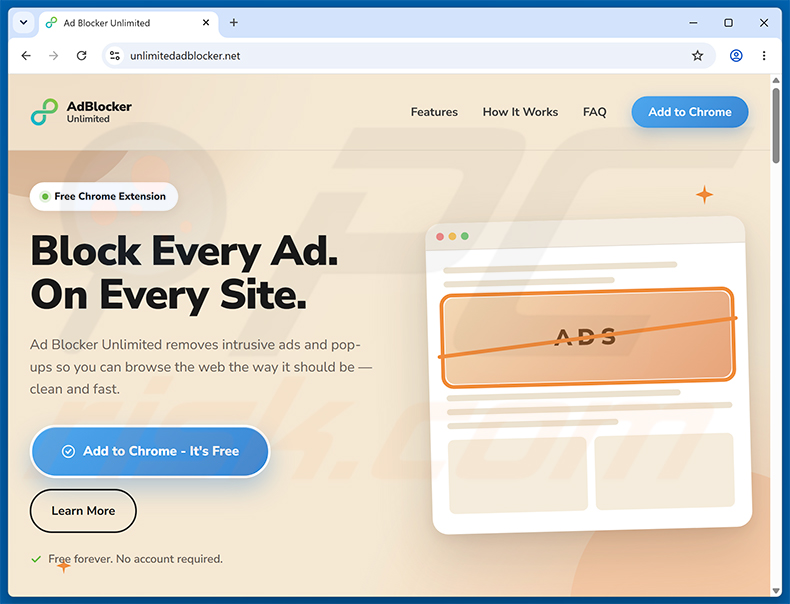 Website, die die Ad Blocker Unlimited Erweiterung bewirbt (Beispiel 1)