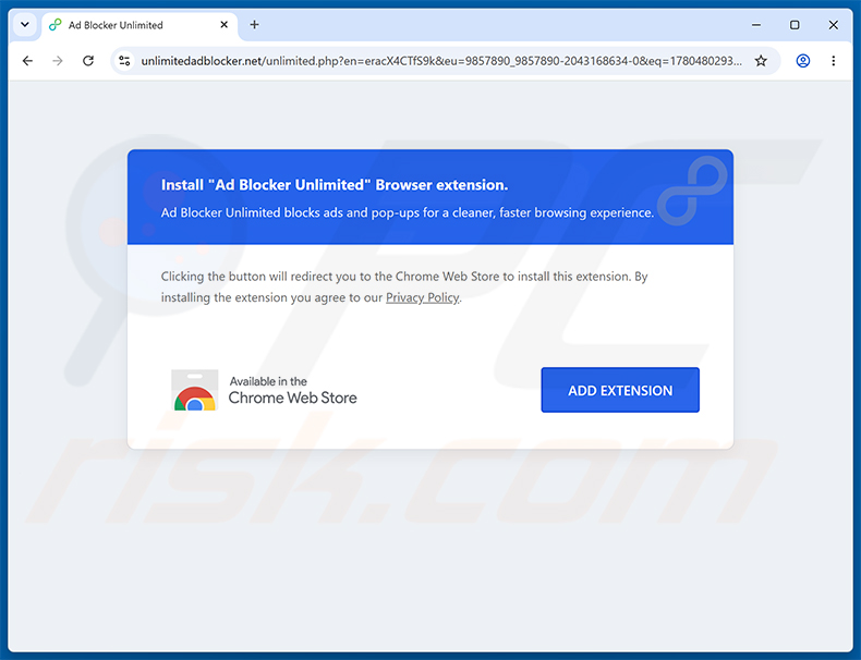 Website, die die Ad Blocker Unlimited Erweiterung bewirbt (Beispiel 2)